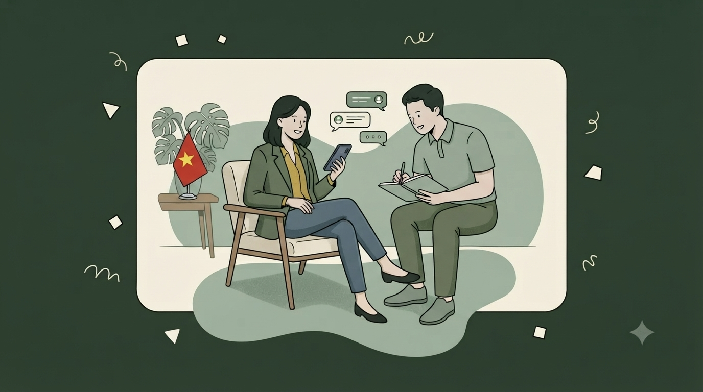 Illustration of Vietnamese professionals in conversation around a table